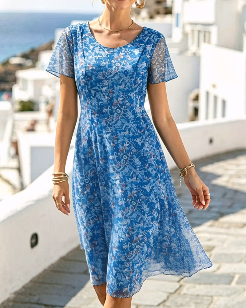 Robe femme florale coupe A avec manches courtes