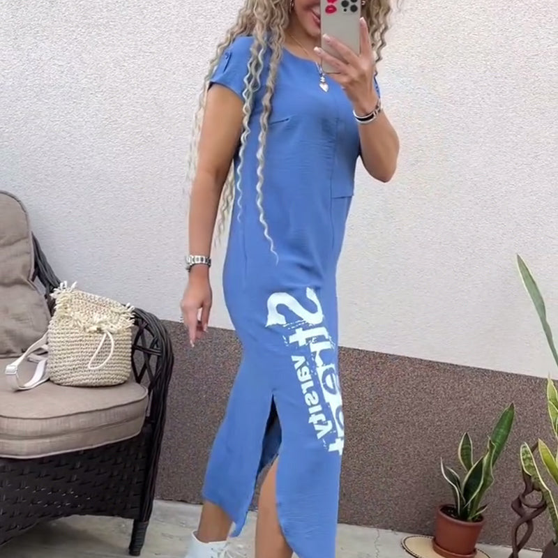 Robe Femme Imprimé Lettres Coupe Ample Col Rond Fente Style Casual