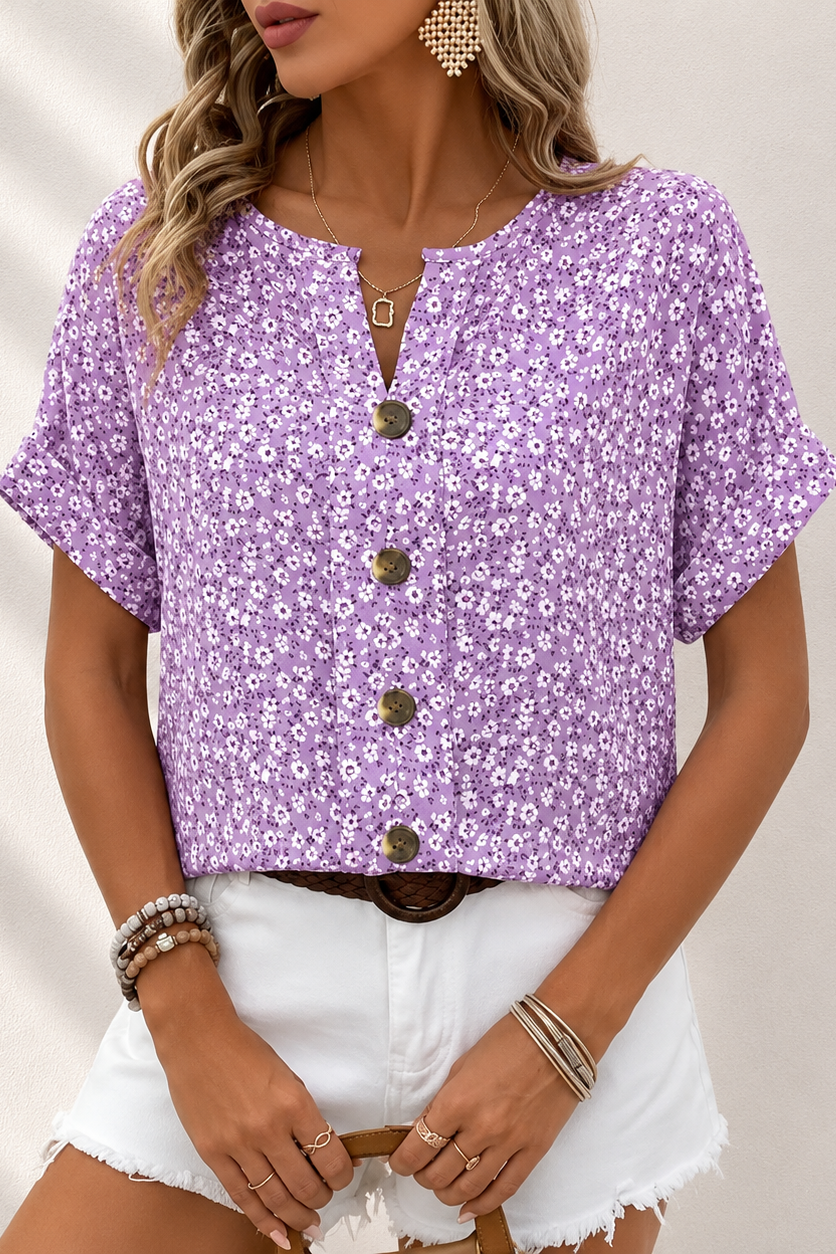 Blouse fleurie femme boutonnée à manches courtes