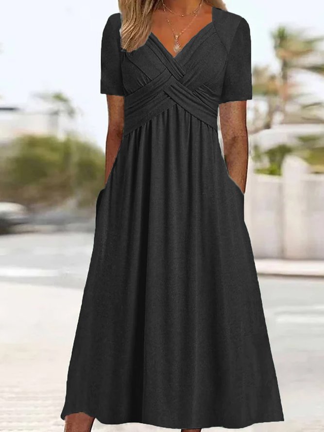 Robe longue femme col V fluide manches courtes avec poches été élégante