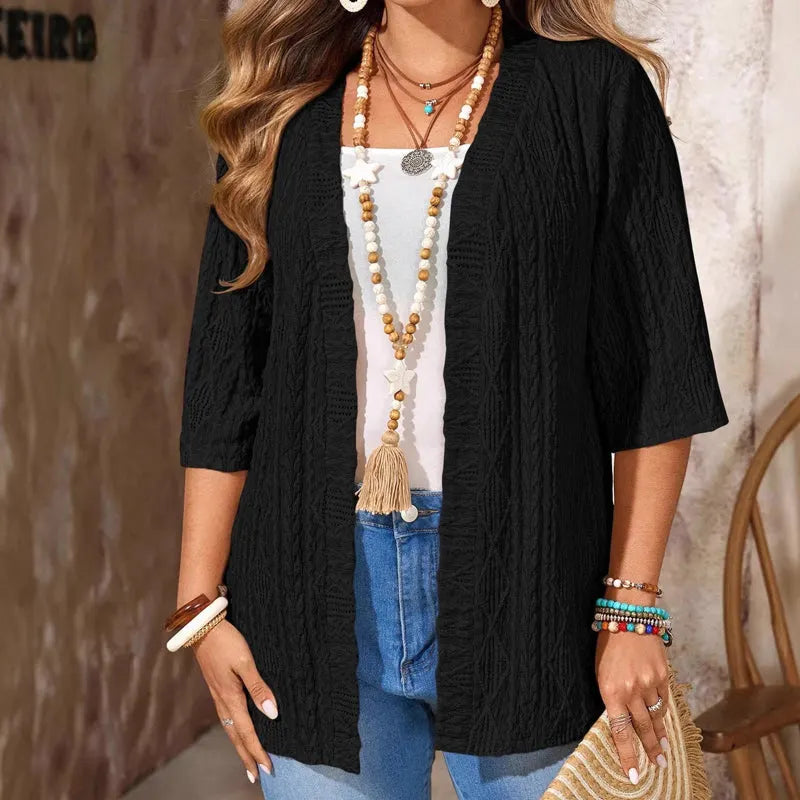 Cardigan femme ajouré ouvert à manches 3/4
