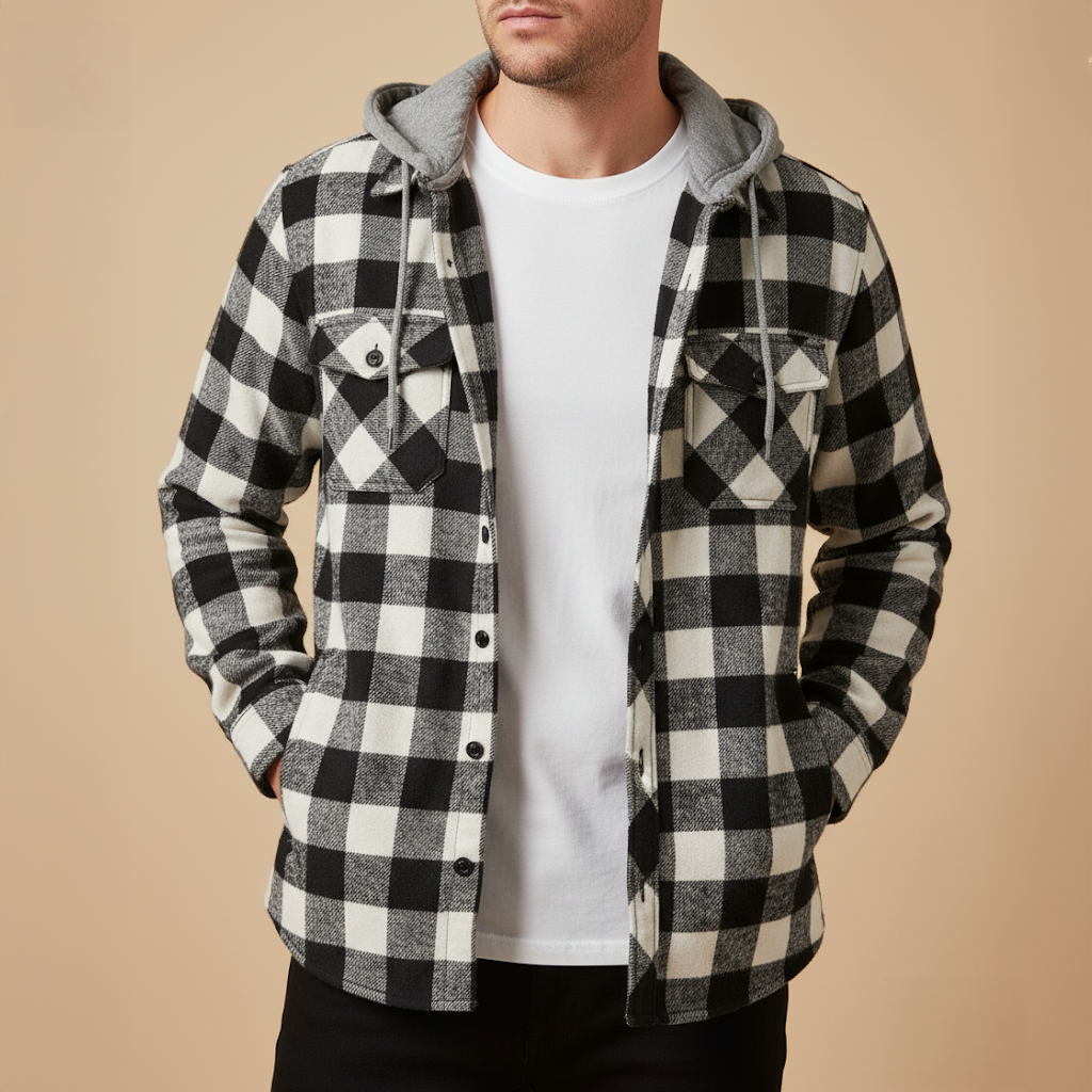 Veste Chemise Homme à Carreaux avec Capuche Casual