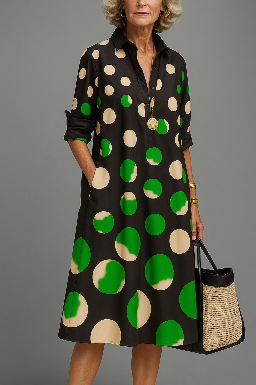 Robe femme midi à pois contrastés avec col chemise
