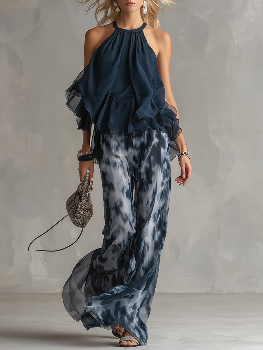 Ensemble Deux Pièces Femme Top Halter Volants Pantalon Large Chiffon Élégant