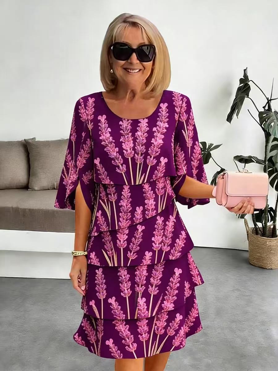 Robe Mi-Longue Femme Imprimé Lavande Volants Superposés Manches Fendues