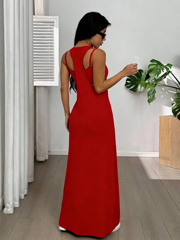 Robe longue femme effet deux pièces avec découpes latérales