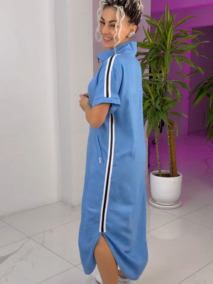 Robe Femme Longue Zippée Col Montant Coupe Fluide Style Sport Chic