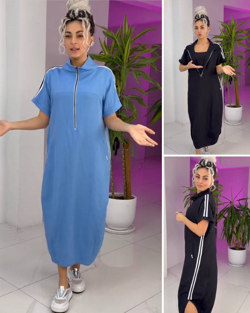 Robe Femme Longue Zippée Col Montant Coupe Fluide Style Sport Chic