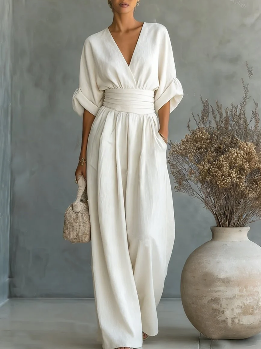 Combinaison Femme Fluide Col V Taille Marquée Élégante