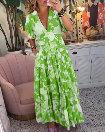 Robe Longue Femme Fluide Imprimée Col V avec Poches pour Style Élégant et Confort Estival