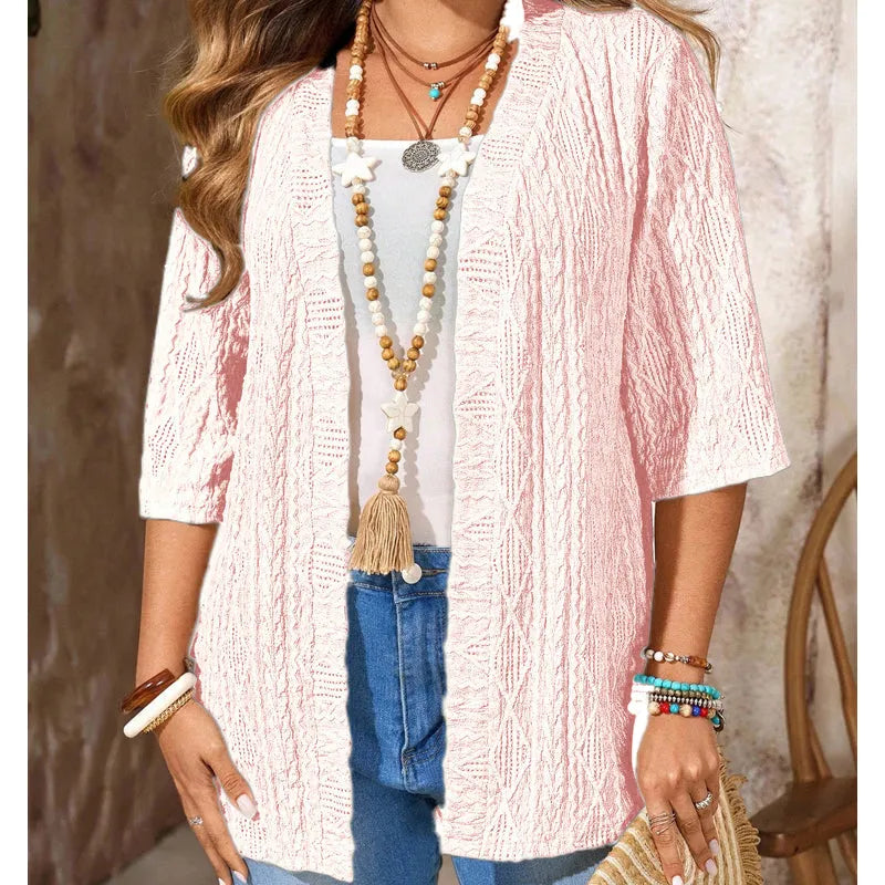 Cardigan femme ajouré ouvert à manches 3/4