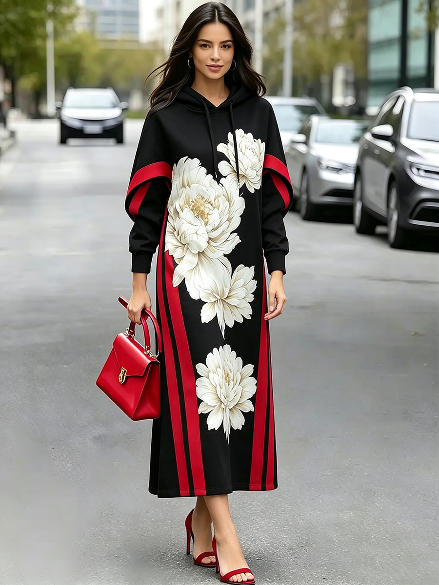 Robe longue femme à capuche et imprimé floral