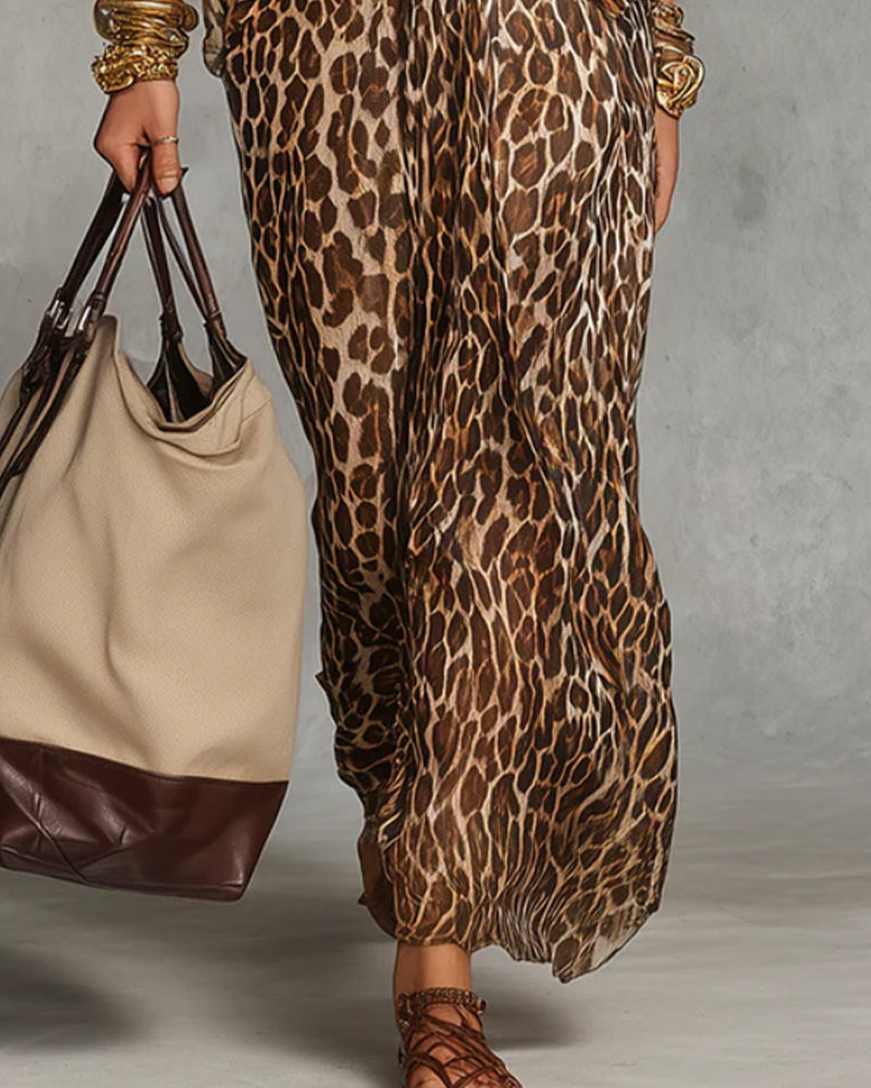 Robe maxi femme imprimé léopard avec devant torsadé