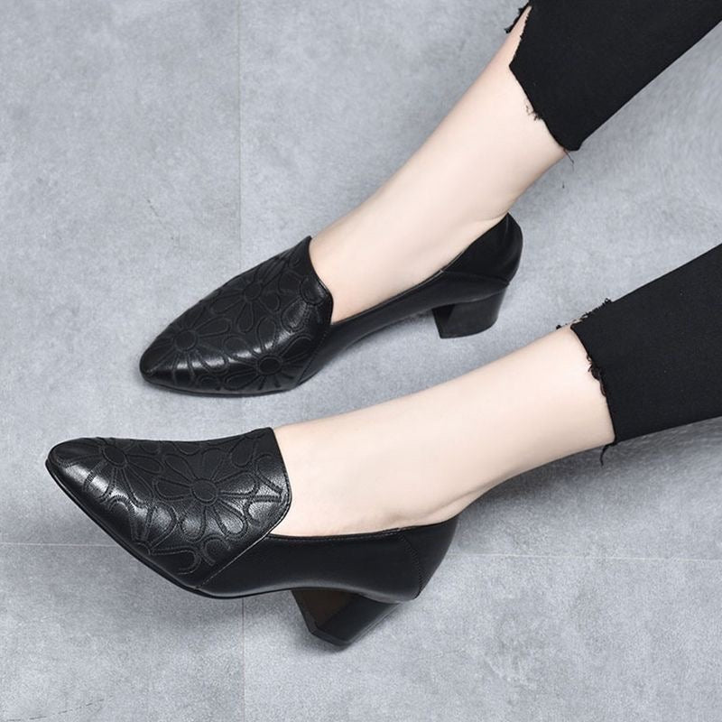 Escarpins Femme Cuir Véritable Brodé Talon Confortable Usage Quotidien