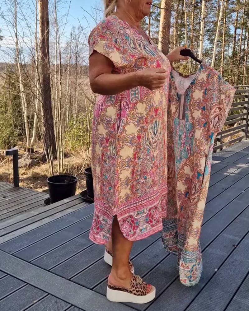 Robe Femme Midi Imprimée Col V Coupe Droite Confort Été