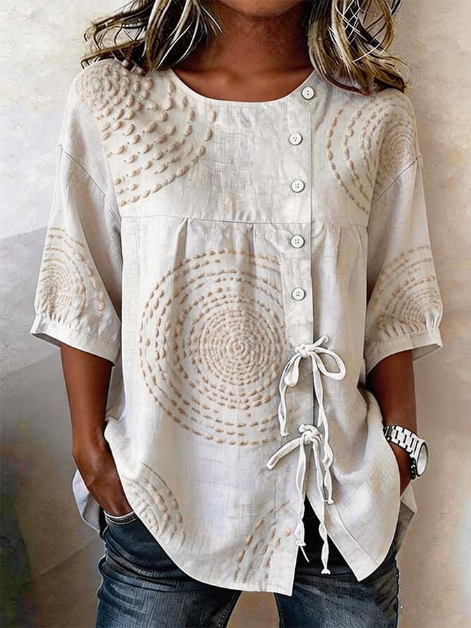 Chemise Femme Décontractée Imprimé Texturé Boutons Asymétriques Style Naturel Chic