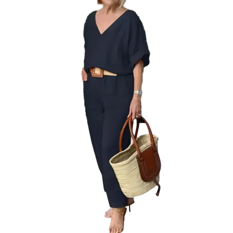 Ensemble Femme Col V Pantalon Ample Style Décontracté