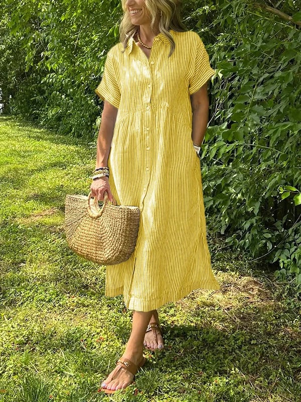 Robe Chemise Rayée Longue Coupe Fluide Avec Boutonnage Confort Quotidien