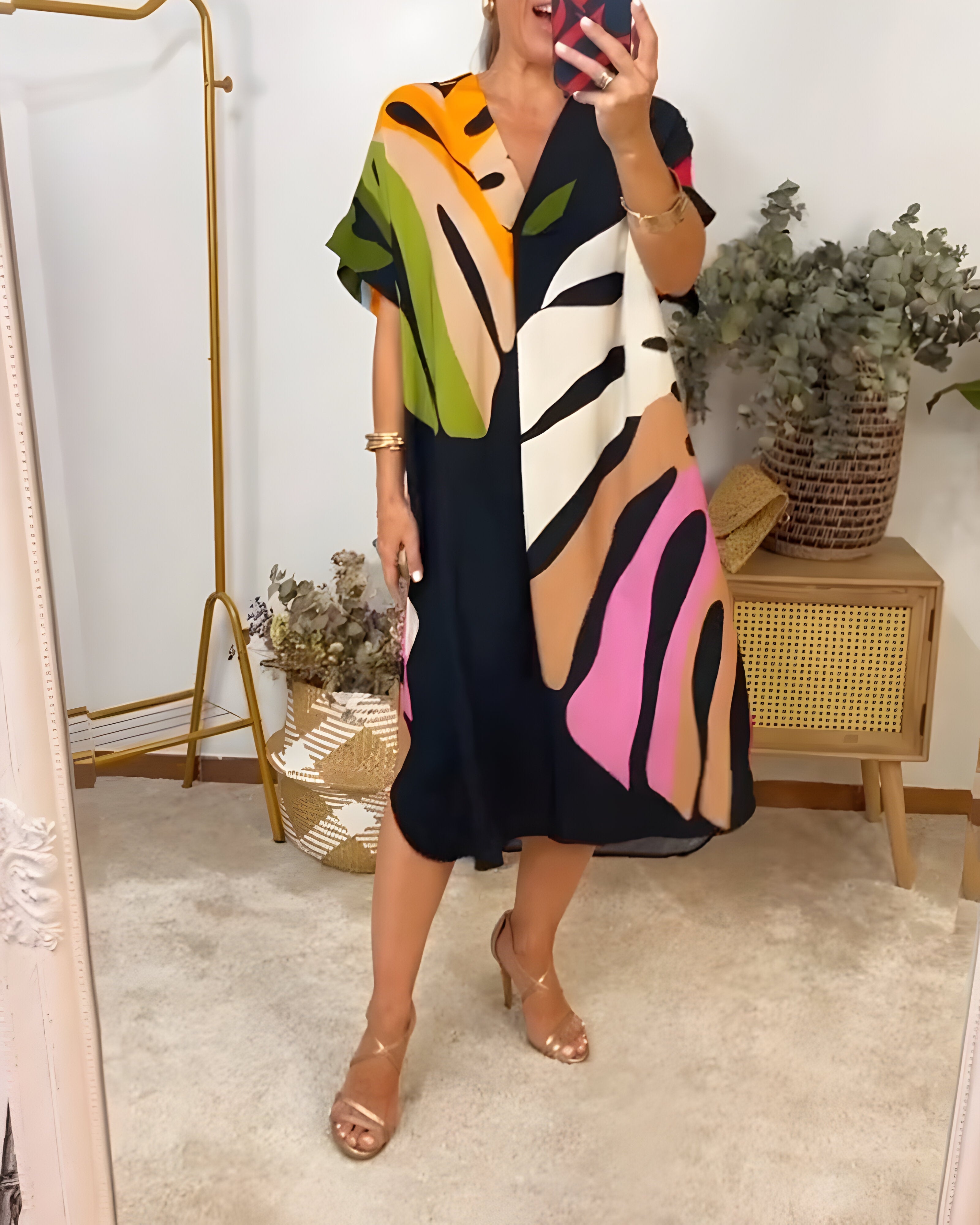 Robe Femme Imprimé Feuillage Coupe Ample Col V Style Décontracté