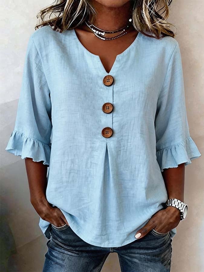 Chemisier Femme Uni Manches Bouffantes Boutons Coupe Fluide Décontractée