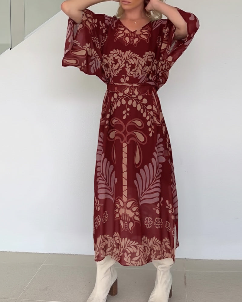 Robe Maxi Bohème Femme Col V Imprimé Feuilles Élégant