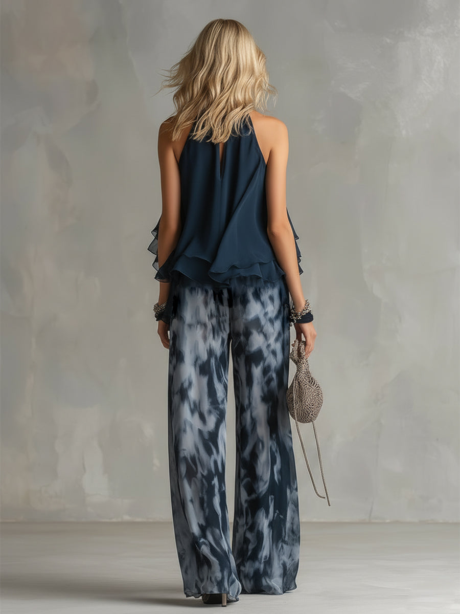 Ensemble Deux Pièces Femme Top Halter Volants Pantalon Large Chiffon Élégant
