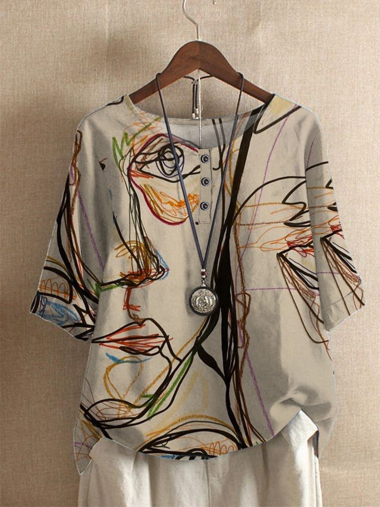 T-shirt Femme Artistique Imprimé à Col Rond et Manches 3/4