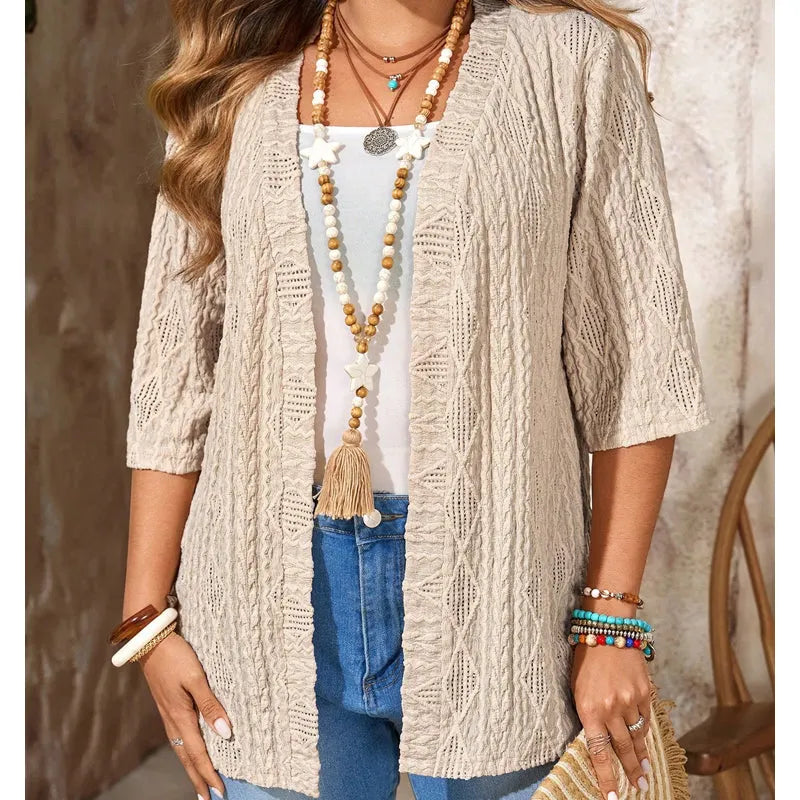 Cardigan femme ajouré ouvert à manches 3/4