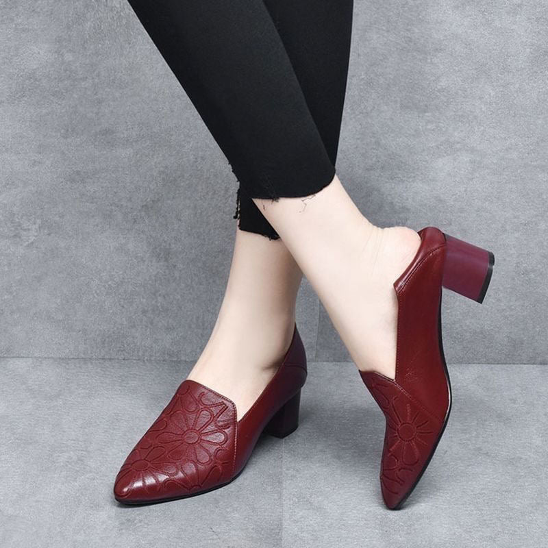 Escarpins Femme Cuir Véritable Brodé Talon Confortable Usage Quotidien