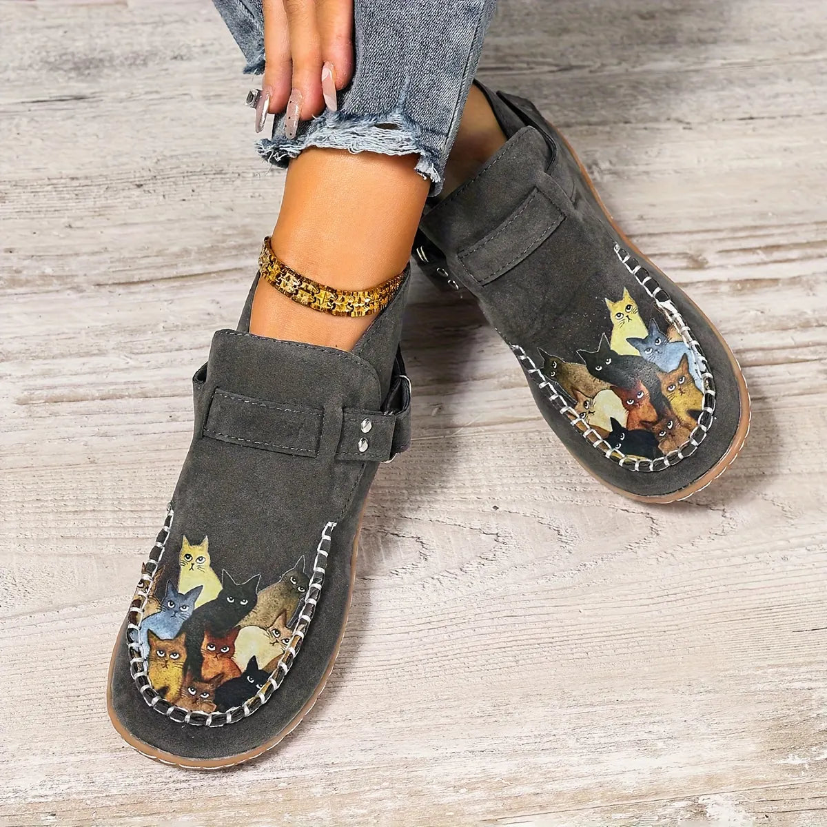 Mocassins femme imprimé chat à enfiler