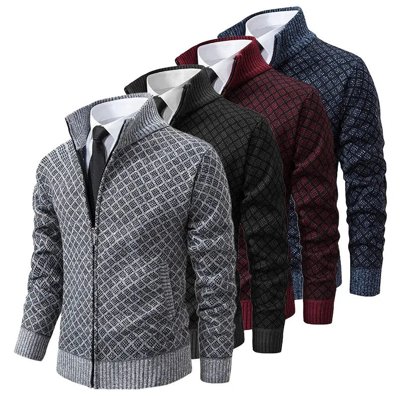 Cardigan Homme Zippé Col Montant Tricot Jacquard Losangé