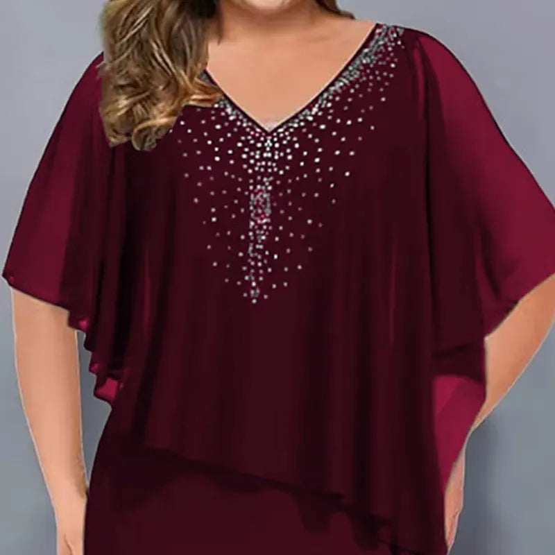 Robe cape femme avec strass et superposition en mousseline