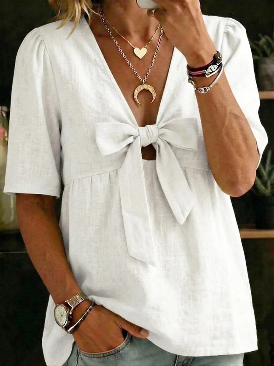 Chemise femme en coton et lin avec nœud et col V