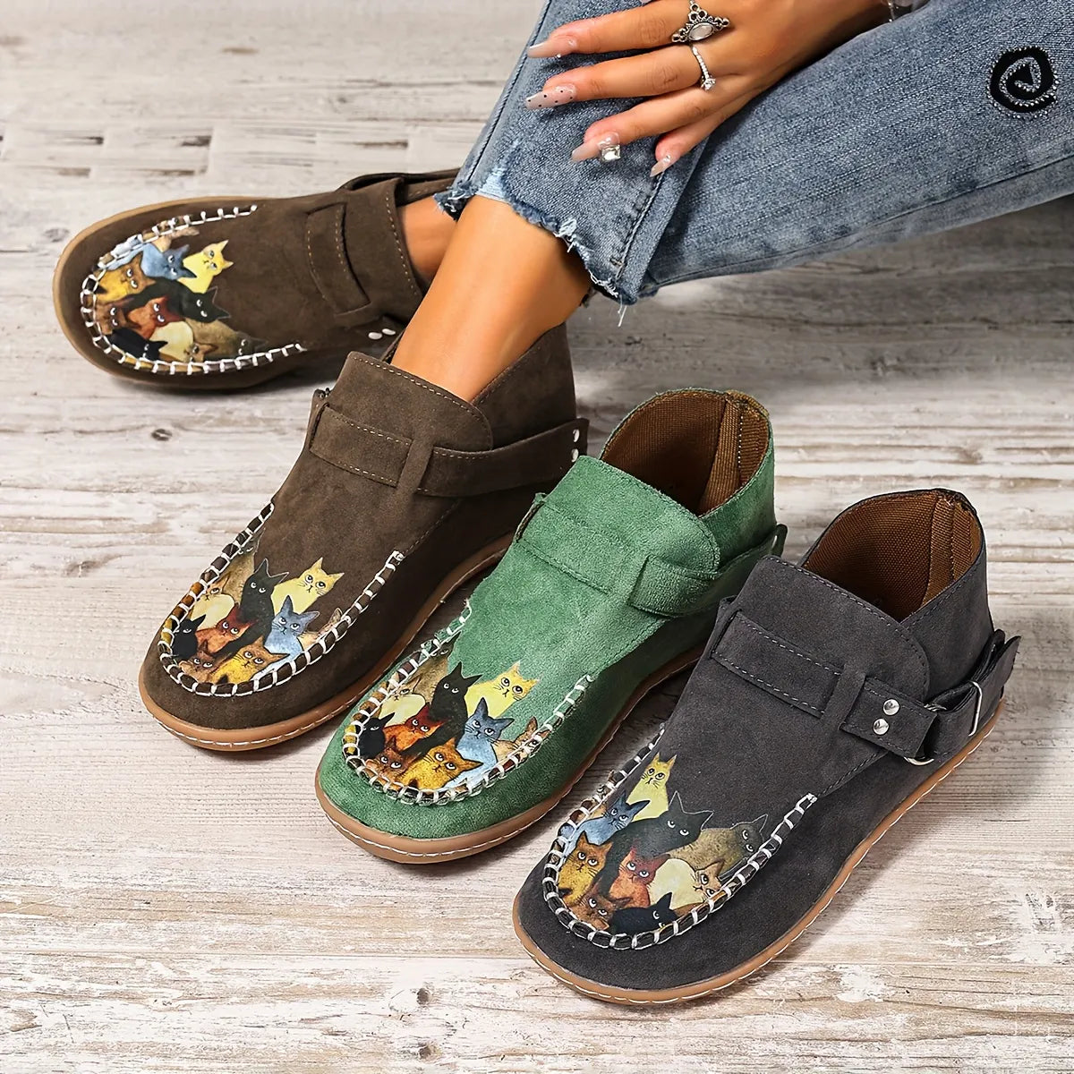 Mocassins femme imprimé chat à enfiler