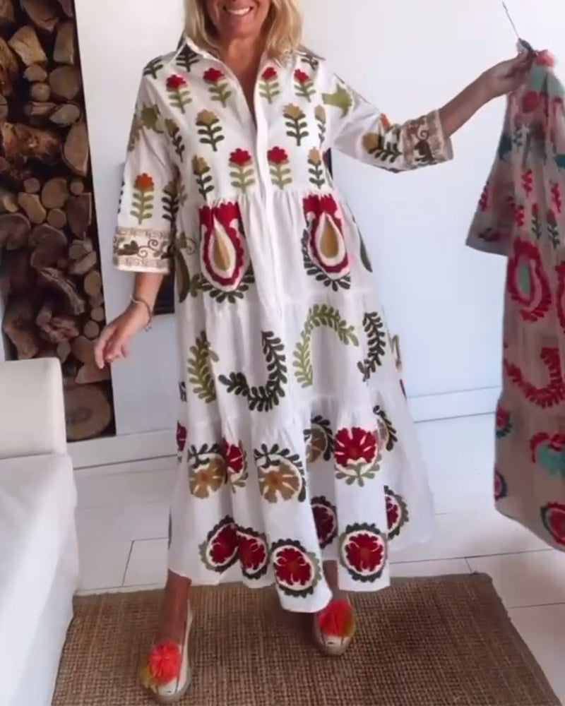 Robe Midi Ample à Motif Floral Stylisé