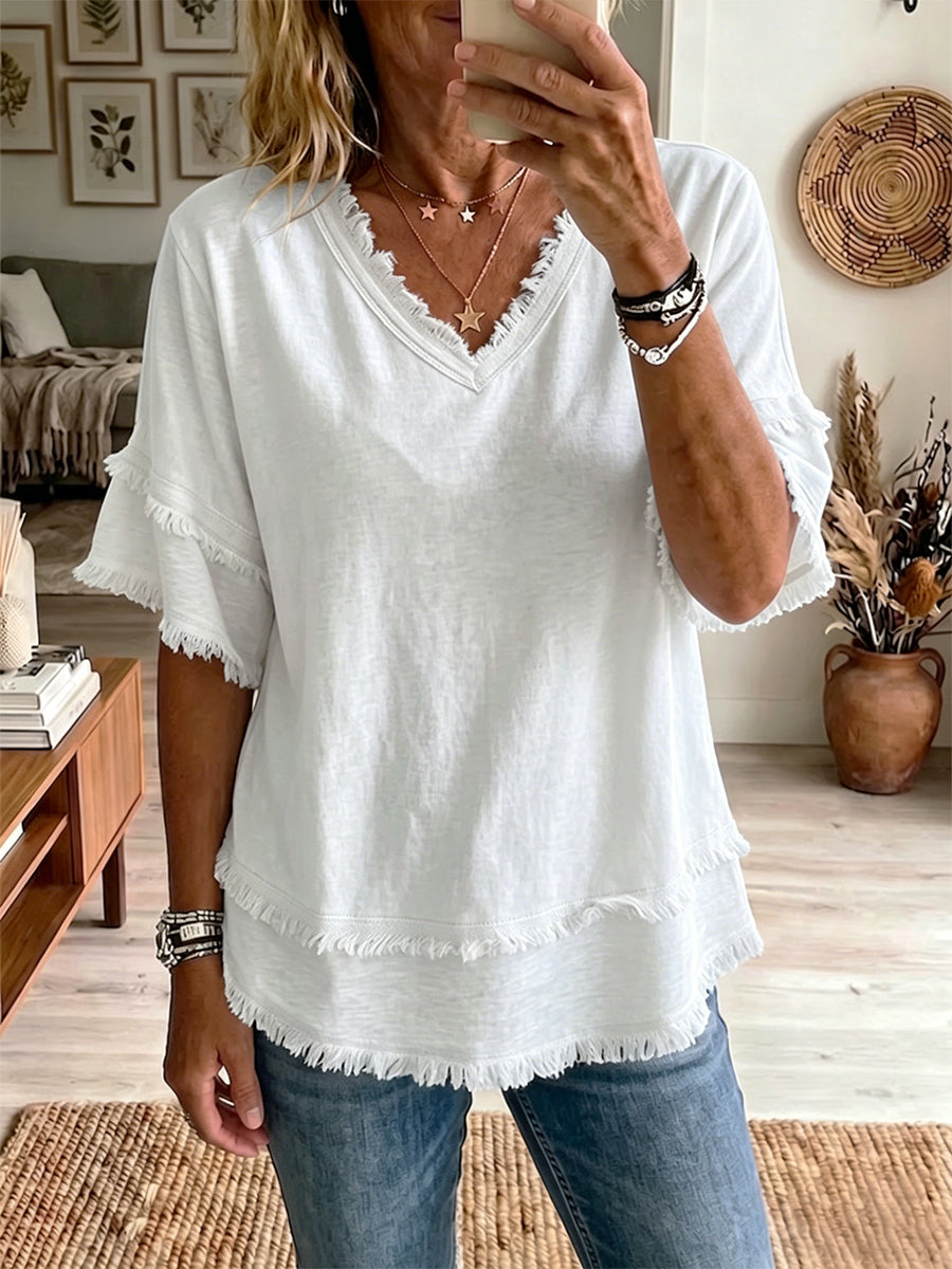 Haut Femme Lin Col V Coupe Décontractée Élégante Été