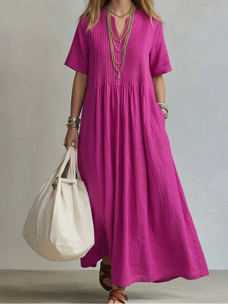 Robe Maxi Fluide en Coton et Lin avec Plis Élégants