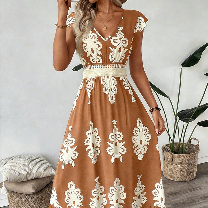Robe longue femme à imprimé baroque et taille smockée