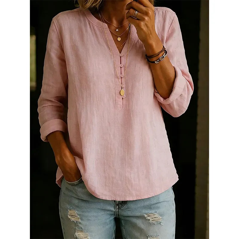 Chemise femme ample à col V avec boutons et manches retroussables
