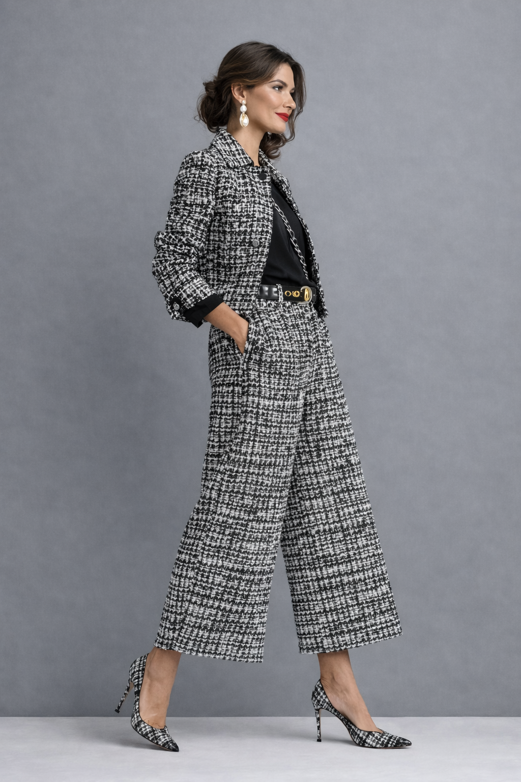 Ensemble femme en tweed avec veste courte et pantalon large