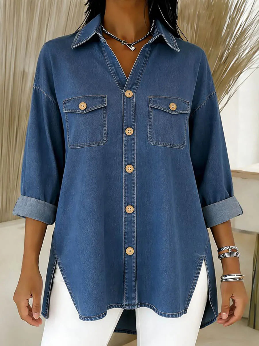 Chemise longue femme en denim à coupe ample et poches