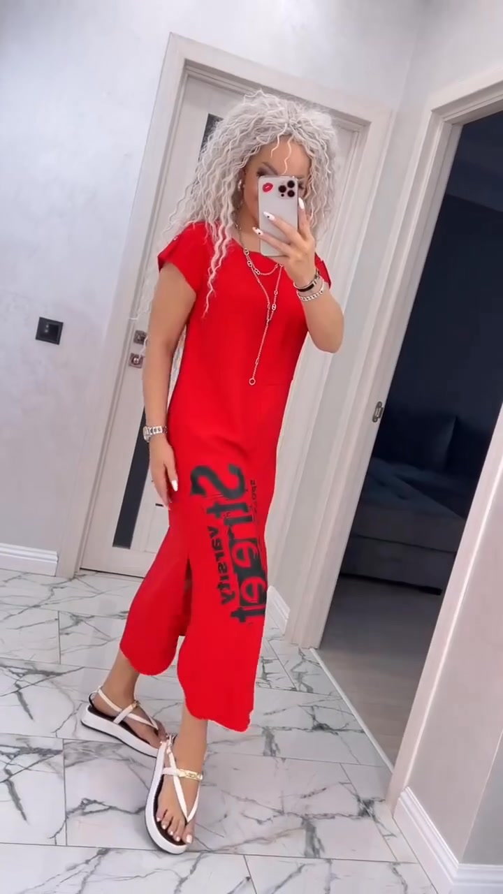 Robe Femme Imprimé Lettres Coupe Ample Col Rond Fente Style Casual