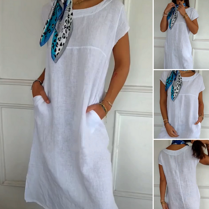 Robe Longue Femme Lin Coton Coupe Ample Col Rond Confort Été