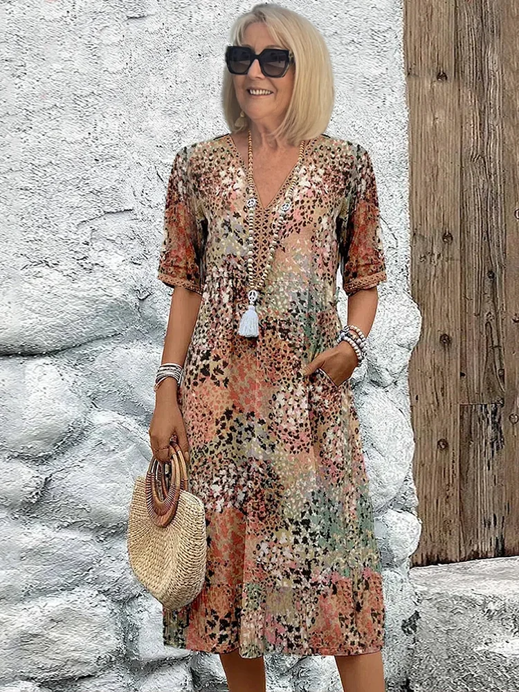 Robe femme midi fluide imprimée col V manches courtes élégante décontractée