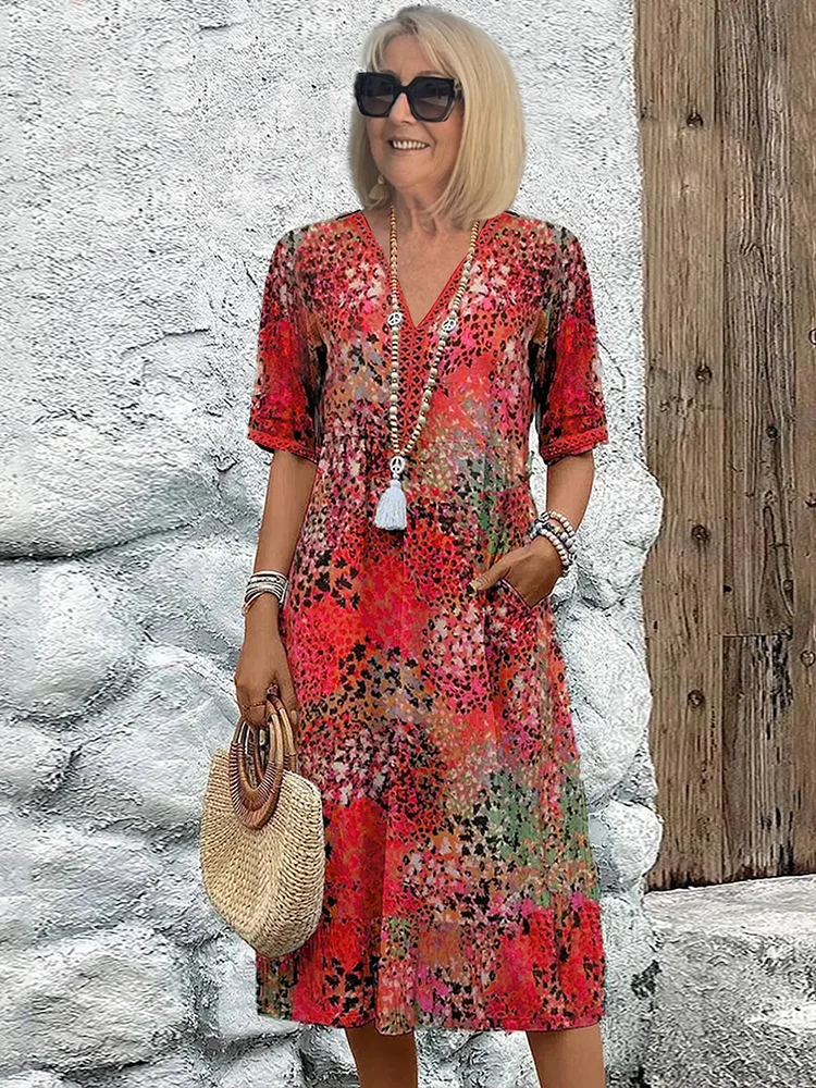 Robe femme midi fluide imprimée col V manches courtes élégante décontractée