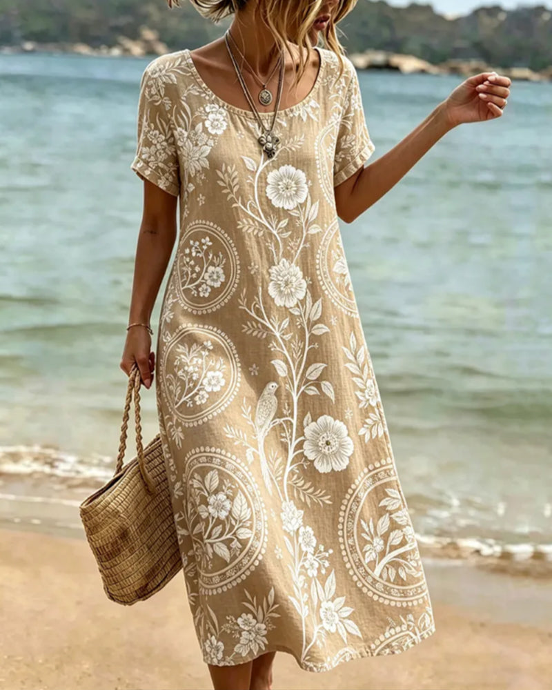 Robe midi femme à imprimé floral et oiseaux style bohème