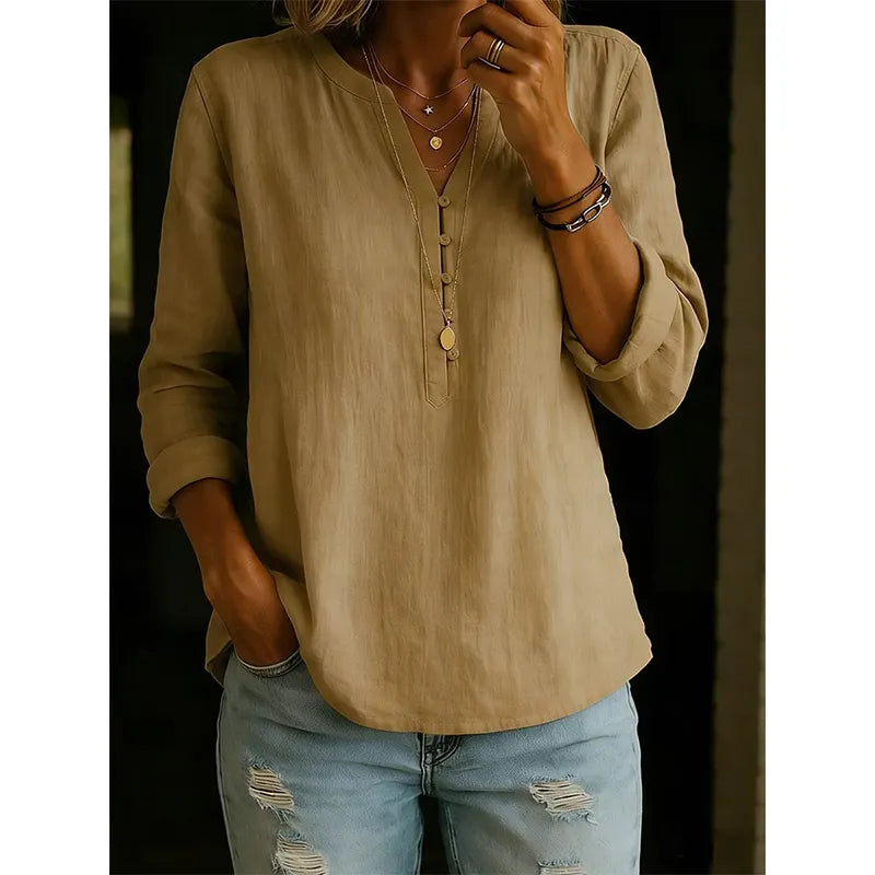 Chemise femme ample à col V avec boutons et manches retroussables