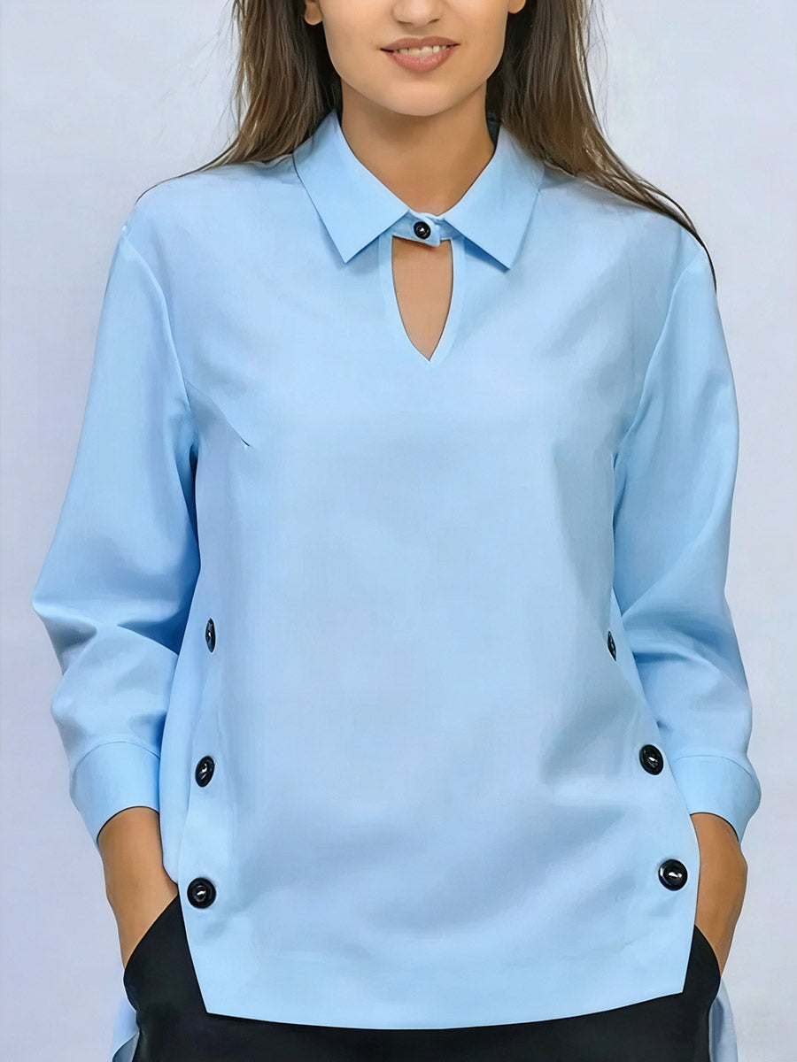 Blouse Femme Coton Col Chemise Manches Longues Coupe Ample Élégante