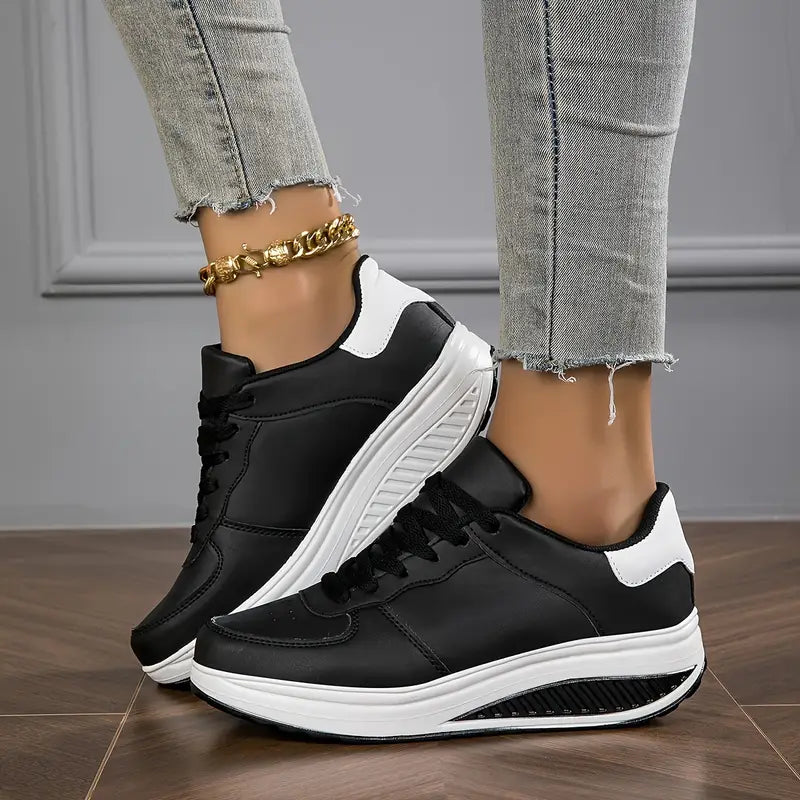 Baskets Femme Semelle Compensée Cuir Synthétique Lacets Minimalistes