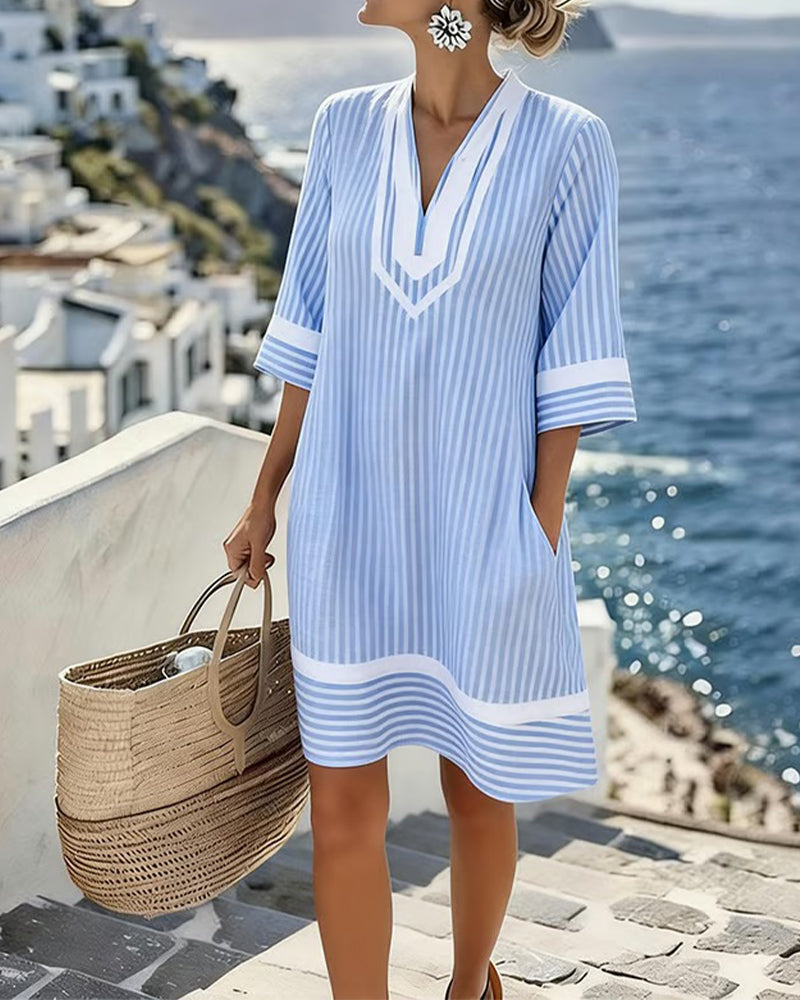 Robe Femme Rayée Col V Manches Courtes Coupe Droite Décontractée